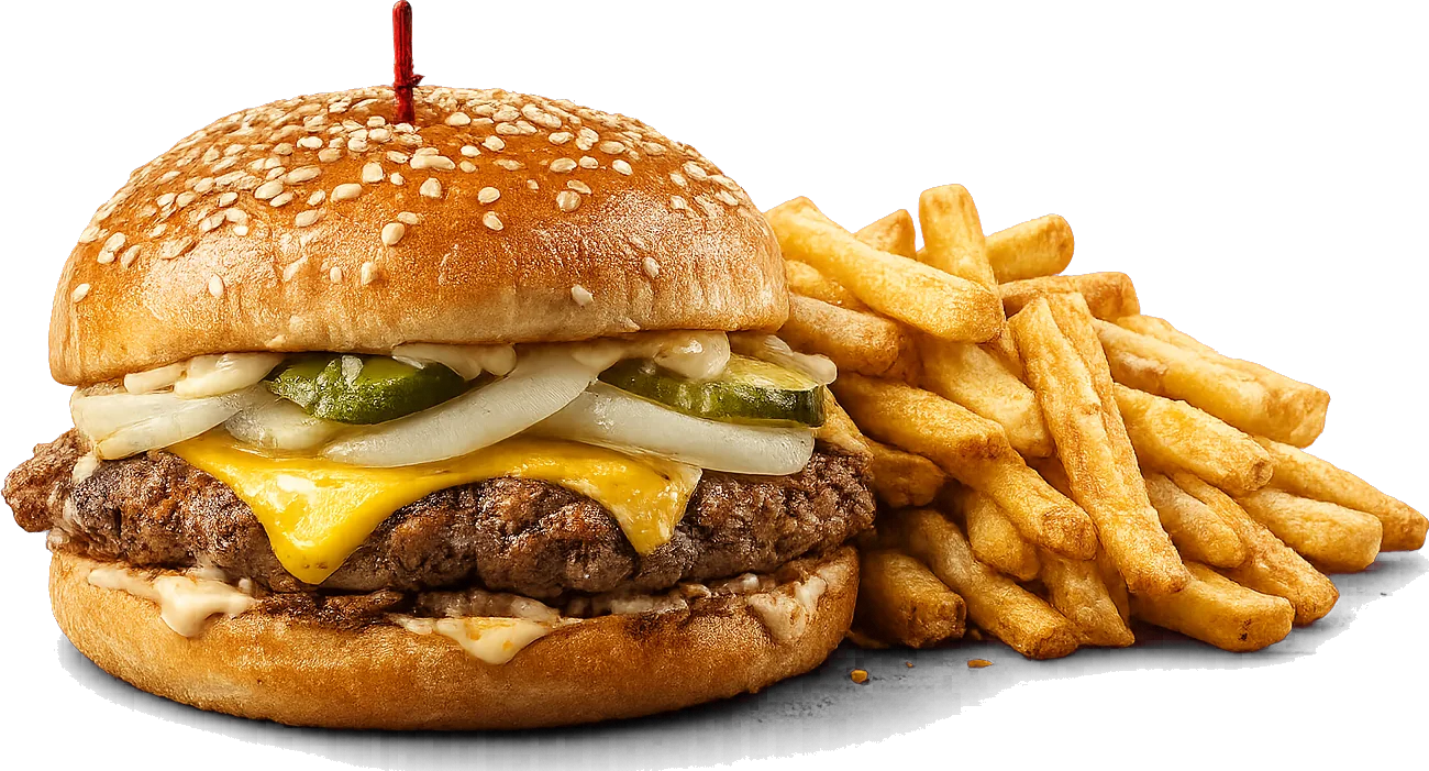 Smashed cheeseburger with fries